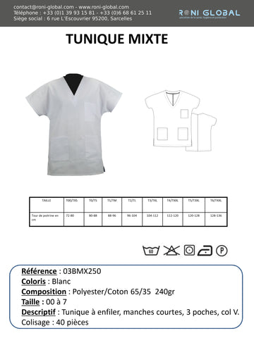 Tunique de travail santé blanche unisexe, manches courtes et col en V, en coton et polyester 3 poches - TUNIQUE A ENFILER P/C 240GR PBV