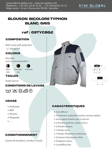 Blouson de travail blanc homme manches longues en coton/polyester 6 poches - DENNIS BLANC/GRIS PBV