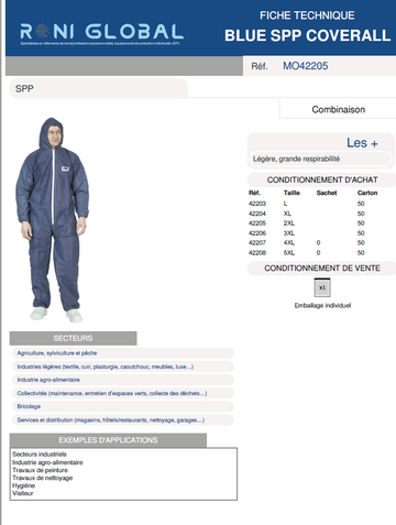 Combinaison de protection bleue légère à cagoule en SPP - BLEU SPP COVERGUARD. vendu par carton de 50 Pieces