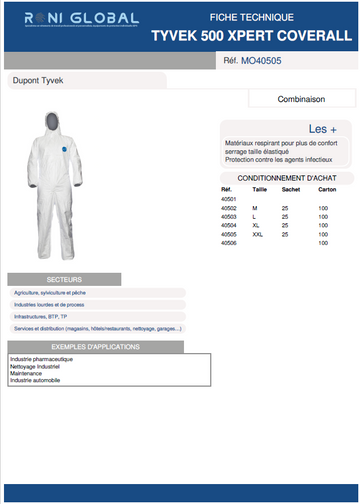 Combinaison de protection contamination radioactive sous forme de particules, agents infectieux, antistatique en Tyvek TYPE 5B-6B - 500 XPERT COVERGUARD