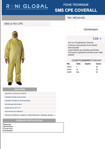 Combinaison de protection particules et éclaboussures de liquides, agents infectieux en SMS et film CPE TYPE 4B-5B-6B - SMS CPE COVERGUARD