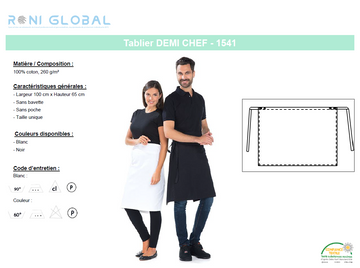 Tablier de service sans bavette en coton sans poche - DEMI CHEF REMI CONFECTION