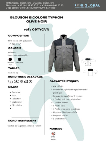 Blouson de travail olive, manches longues, coton/polyester sans métal et 4 poches - BLOUSON DENNIS OLIVE/NOIR PBV