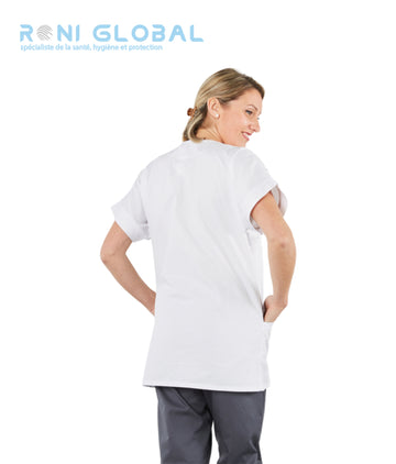 Tunique de travail blanche femme manches courtes et col en V, en coton et polyester 3 poches- TUNIQUE TAM COL V BLANC PBV
