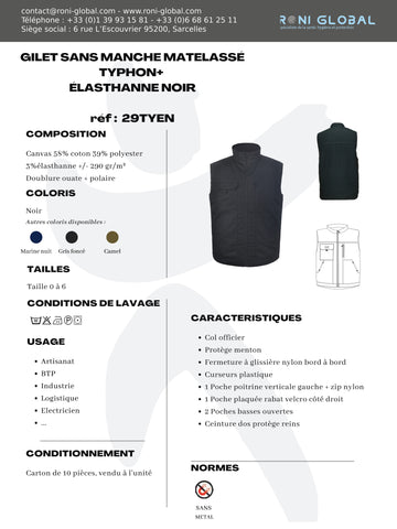 Gilet de travail polaire matelassé noir en coton/polyester/élasthanne 4 poches - TYPHON+ SAM PBV