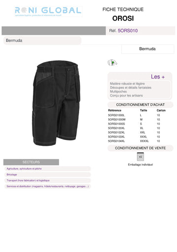 Bermuda de travail noir homme en coton/polyester 7 poches - OROSI COVERGUARD