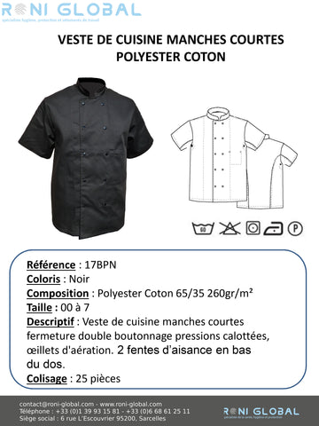 Veste de cuisine noire manches courtes, en coton/polyester 2 poches - VESTE CUISINE MC P/C NOIR PRESSIONS PBV