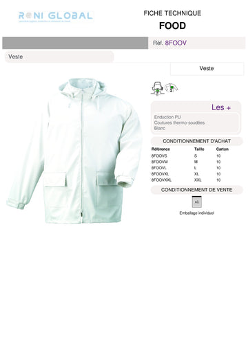 Veste de travail blanche avec capuche amovible en polyester enduit polyuréthane 2 poches - FOOD COVERGUARD