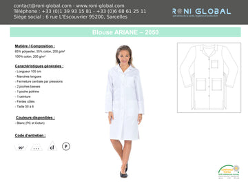 Blouse longue de travail femme manches longues blanche avec ceinture et 3 poches - ARIANE REMI CONFECTION