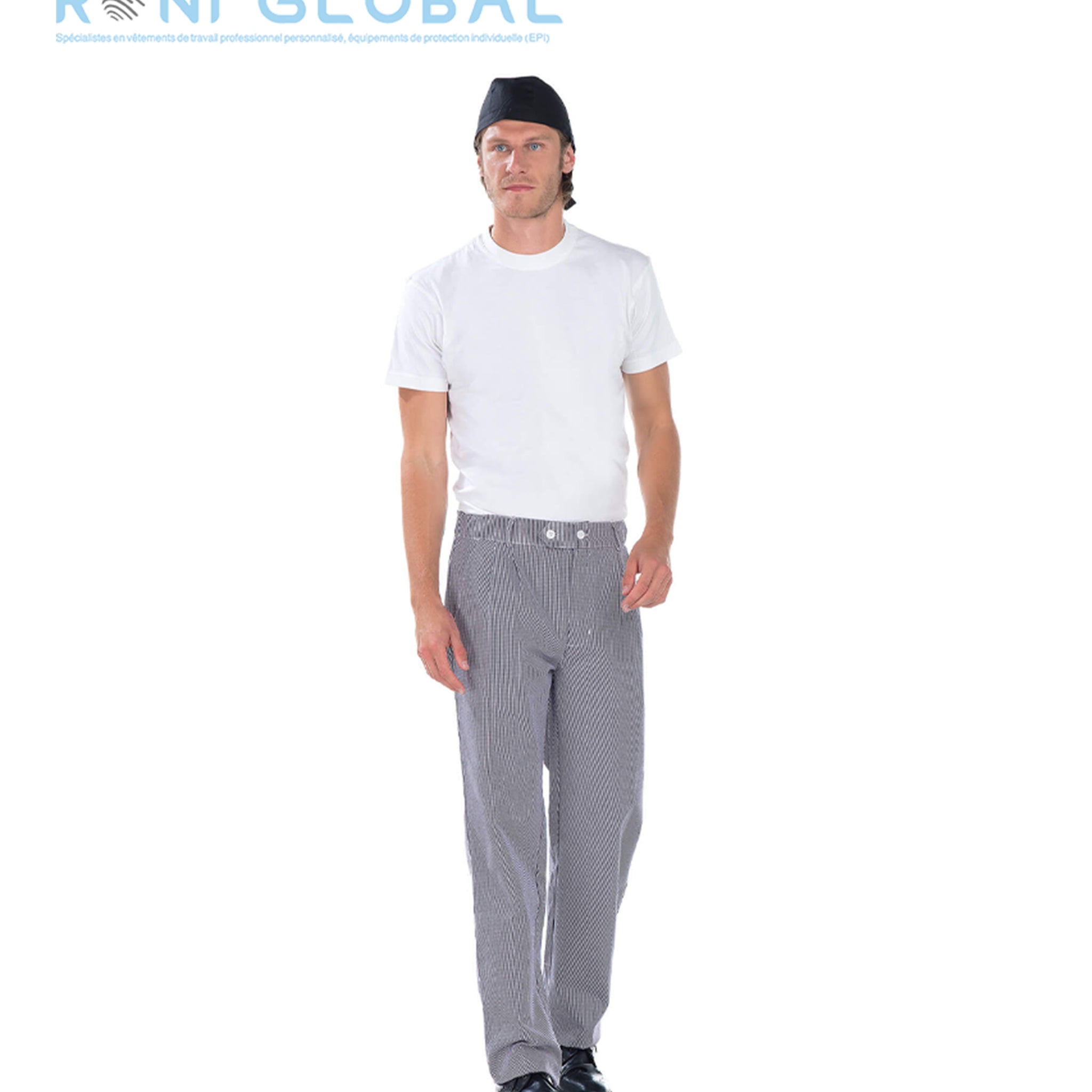 Pantalon de cuisine pied de poule marine et blanc homme en coton 3 poches - ERIC REMI CONFECTION
