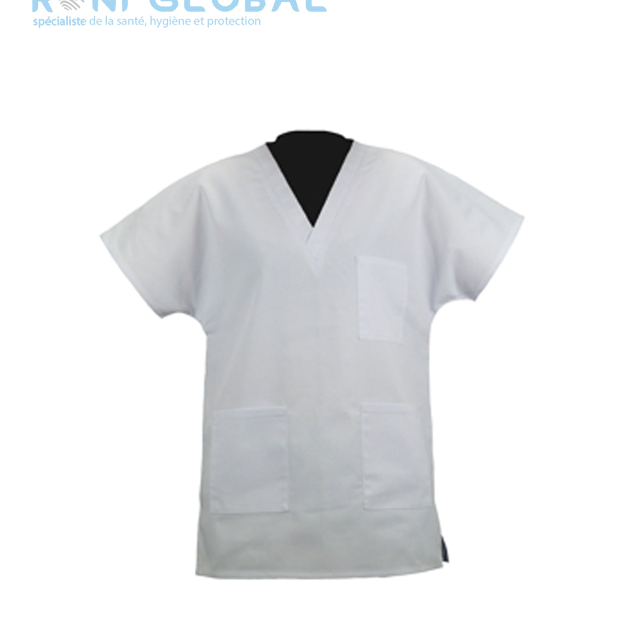 Tunique de travail santé blanche unisexe, manches courtes et col en V, en coton et polyester 3 poches - TUNIQUE A ENFILER P/C 240GR PBV