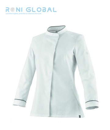 Veste de cuisine blanche femme manches longues, coupe slim en polyester et coton 37.5® et empiècement en maille - CAVANE ROBUR