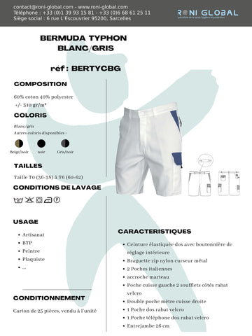 Bermuda de travail blanc en coton/polyester 6 poches - DEAN BLANC PBV