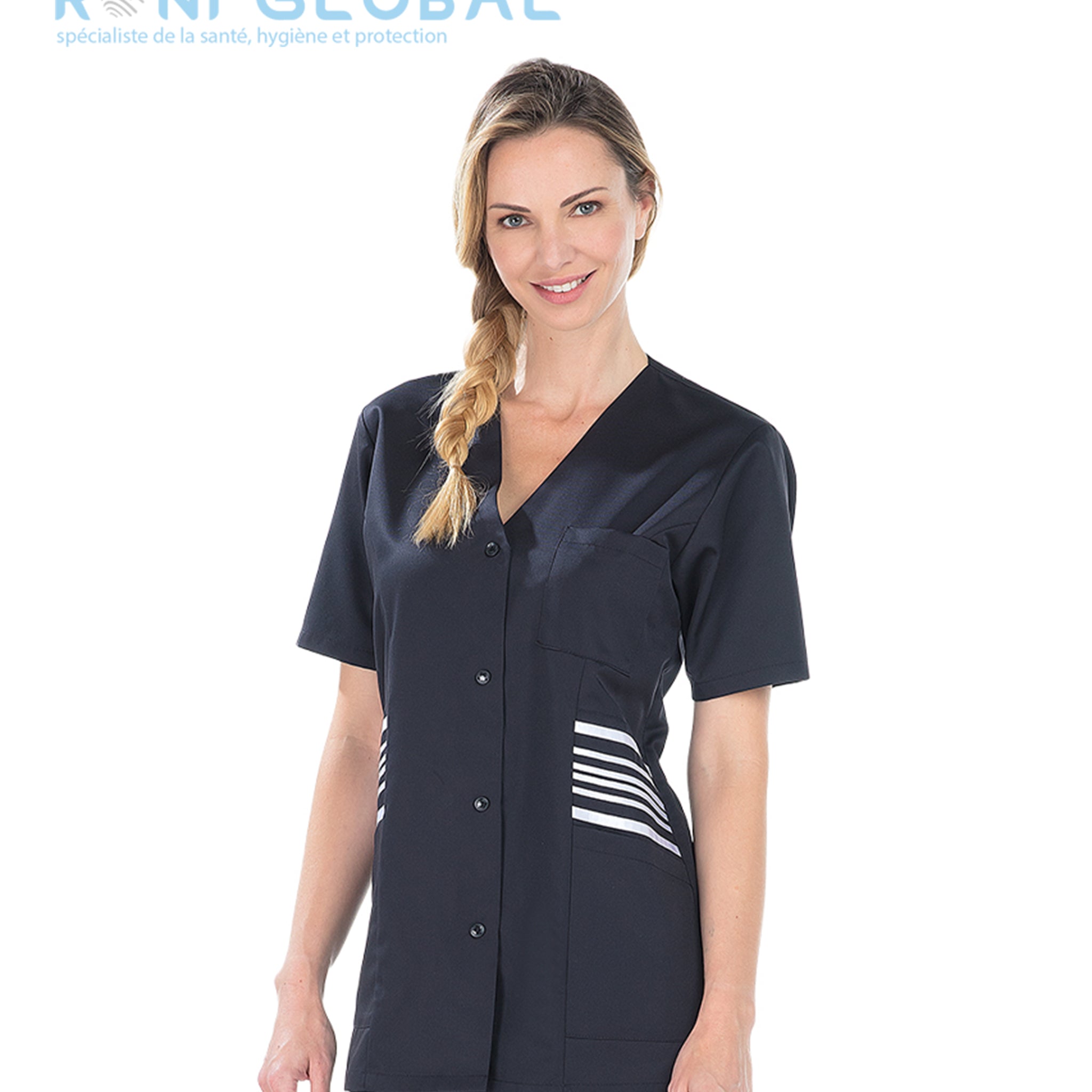 Tunique de travail noire femme manches courtes en polyester/tencel 3 poches - ZOE REMI CONFECTION