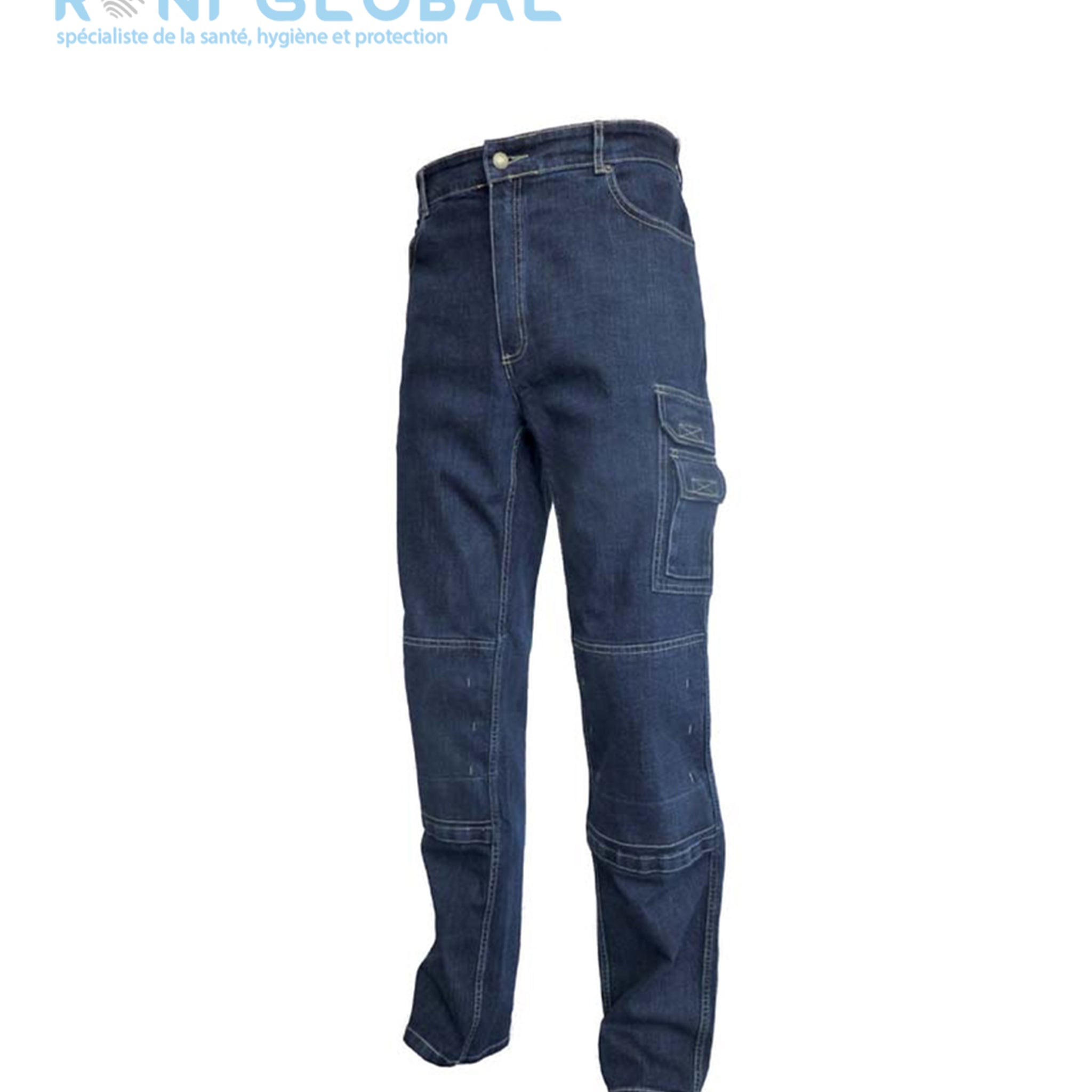 Pantalon de travail jean bleu homme avec protection genoux, en coton/polyester/lycra 6 poches - JEAN'S PG MITCH PBV