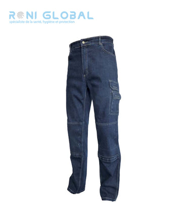 Pantalon de travail jean bleu homme avec protection genoux, en coton/polyester/lycra 6 poches - JEAN'S PG MITCH PBV