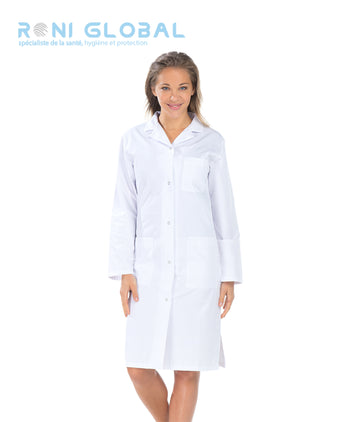 Blouse longue de travail femme manches longues blanche avec ceinture et 3 poches - ARIANE REMI CONFECTION
