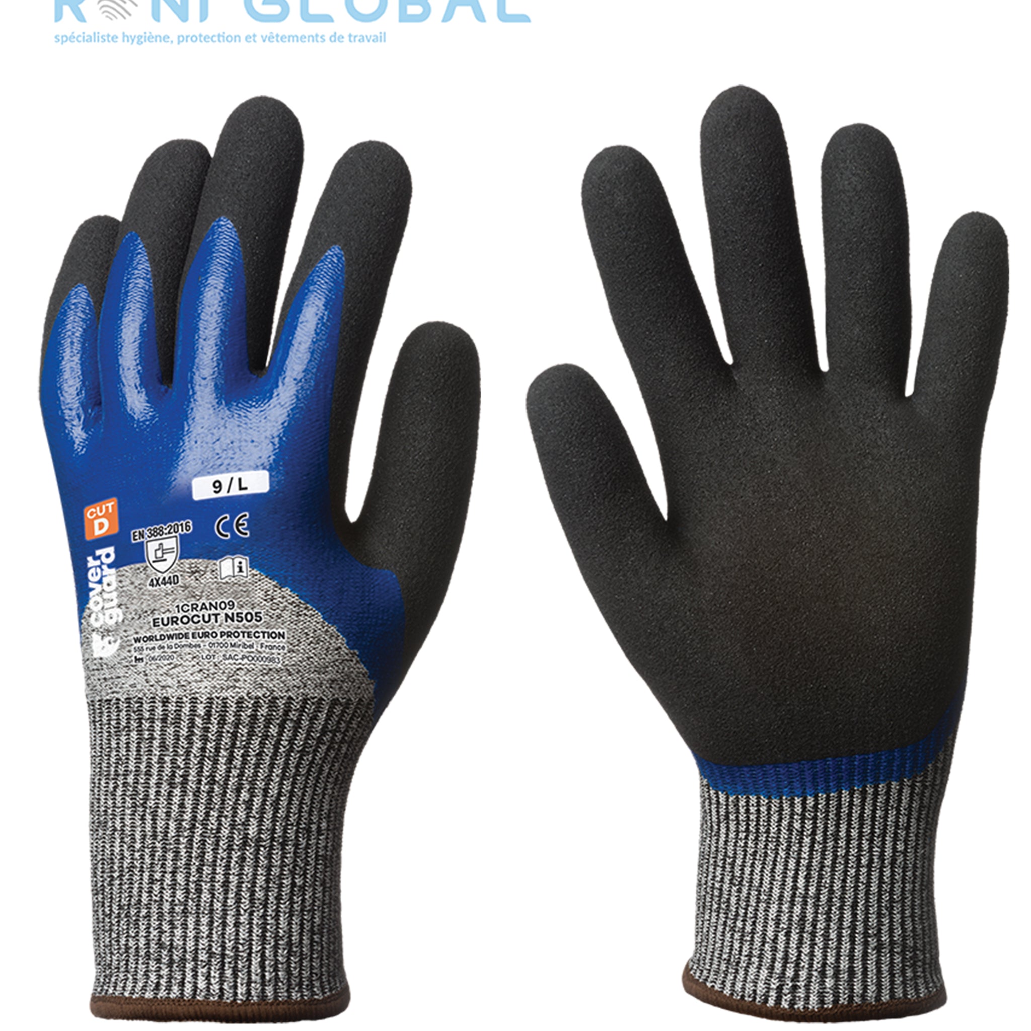 Gant de protection milieu huileux en HPPE polyamide élasthanne enduit au nitrile anti-coupure et précision CUT D - EUROCUT N505 COVERGUARD (boîte de 5 paires)