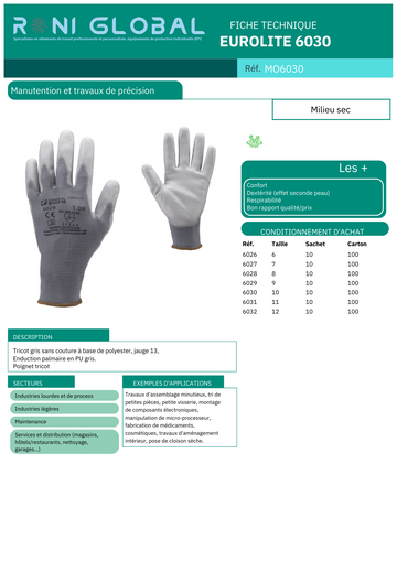 Gant de protection milieu sec gris en polyester enduit au PU manutention et précision - EUROLITE 6030 COVERGUARD (boîte de 5 paires)