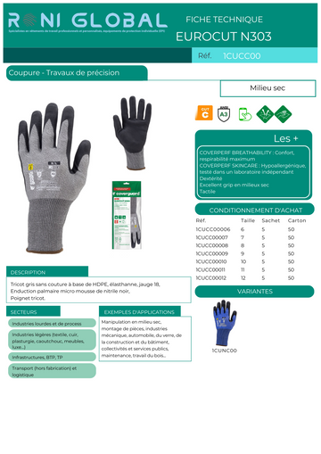 Gant de protection milieu sec confortable et hypoallergénique, en HDPE polyester/spandex enduit au nitrile anti-coupure et précision CUT C - EUROCUT N303 COVERGUARD (boîte de 5 paires)