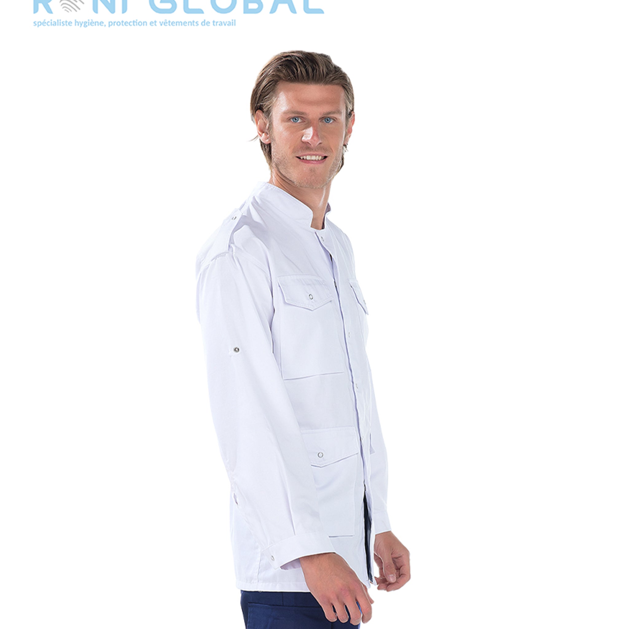 Veste de travail blanche unisexe manches longues transformables en coton et polyester 5 poches - SAHARIENNE REMI CONFECTION
