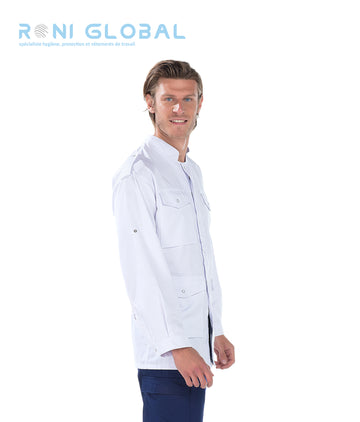 Veste de travail blanche unisexe manches longues transformables en coton et polyester 5 poches - SAHARIENNE REMI CONFECTION