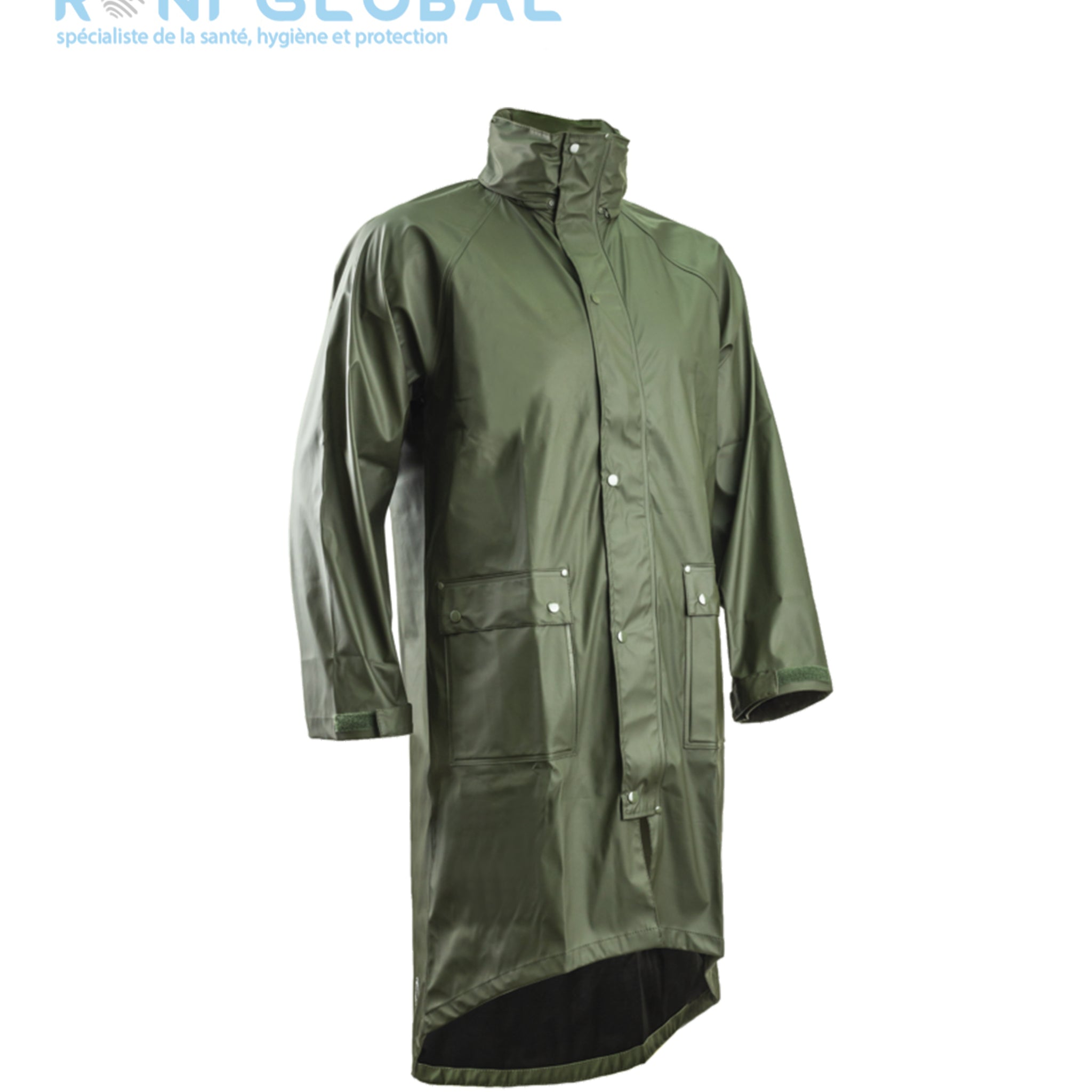 Manteau de travail coupe-vent, anti-pluie et imperméable en polyester enduit polyuréthane vert 2 poches - PU COAT COVERGUARD