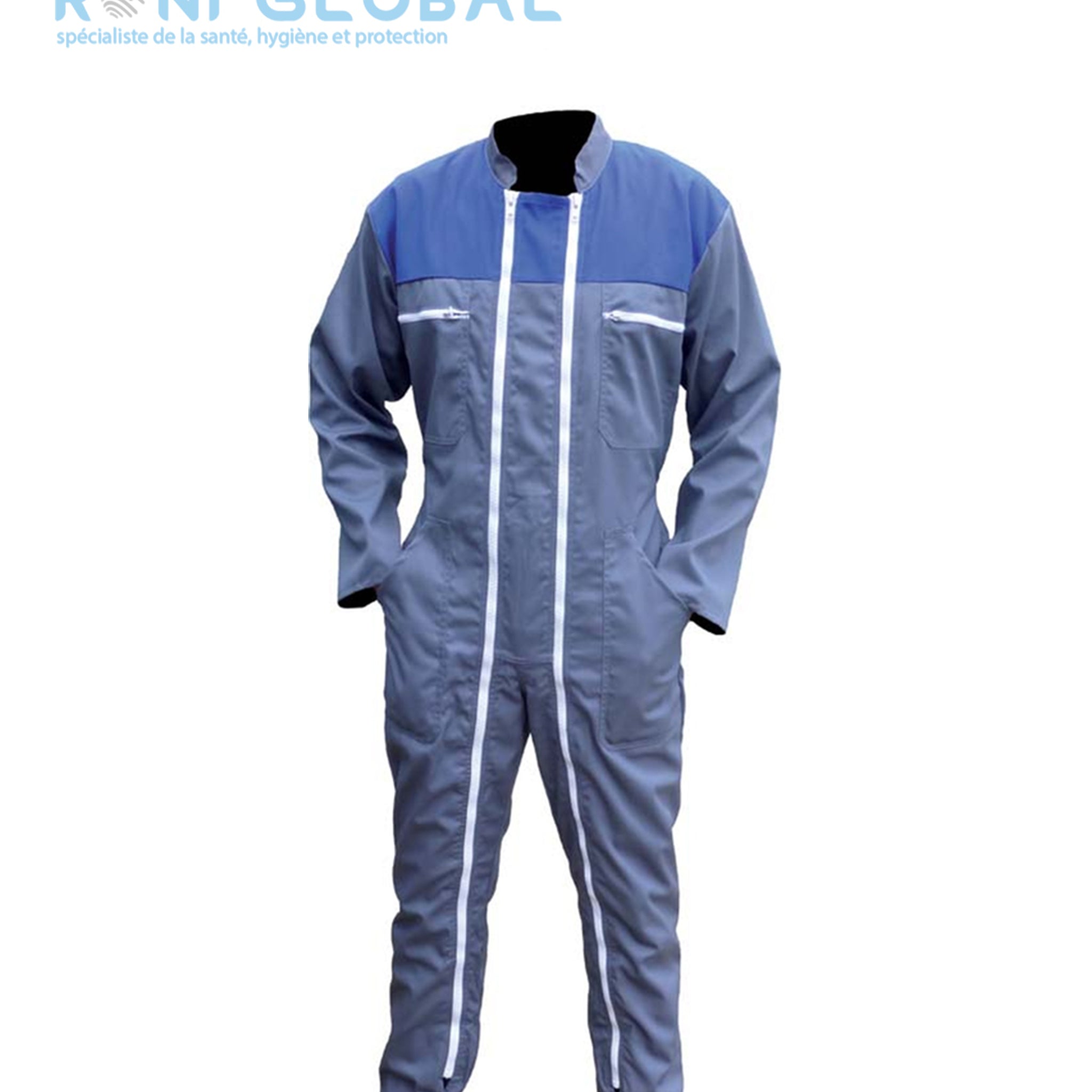 Combinaison de travail grise à double fermeture, en polyester/coton 6 poches - COMBINAISON DF PC GRIS/BLEU PBV