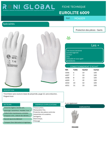 Gant de protection des pièces en tricot à base de polyamide sans enduction - EUROLITE 6009 COVERGUARD (boîte de 10 paires)