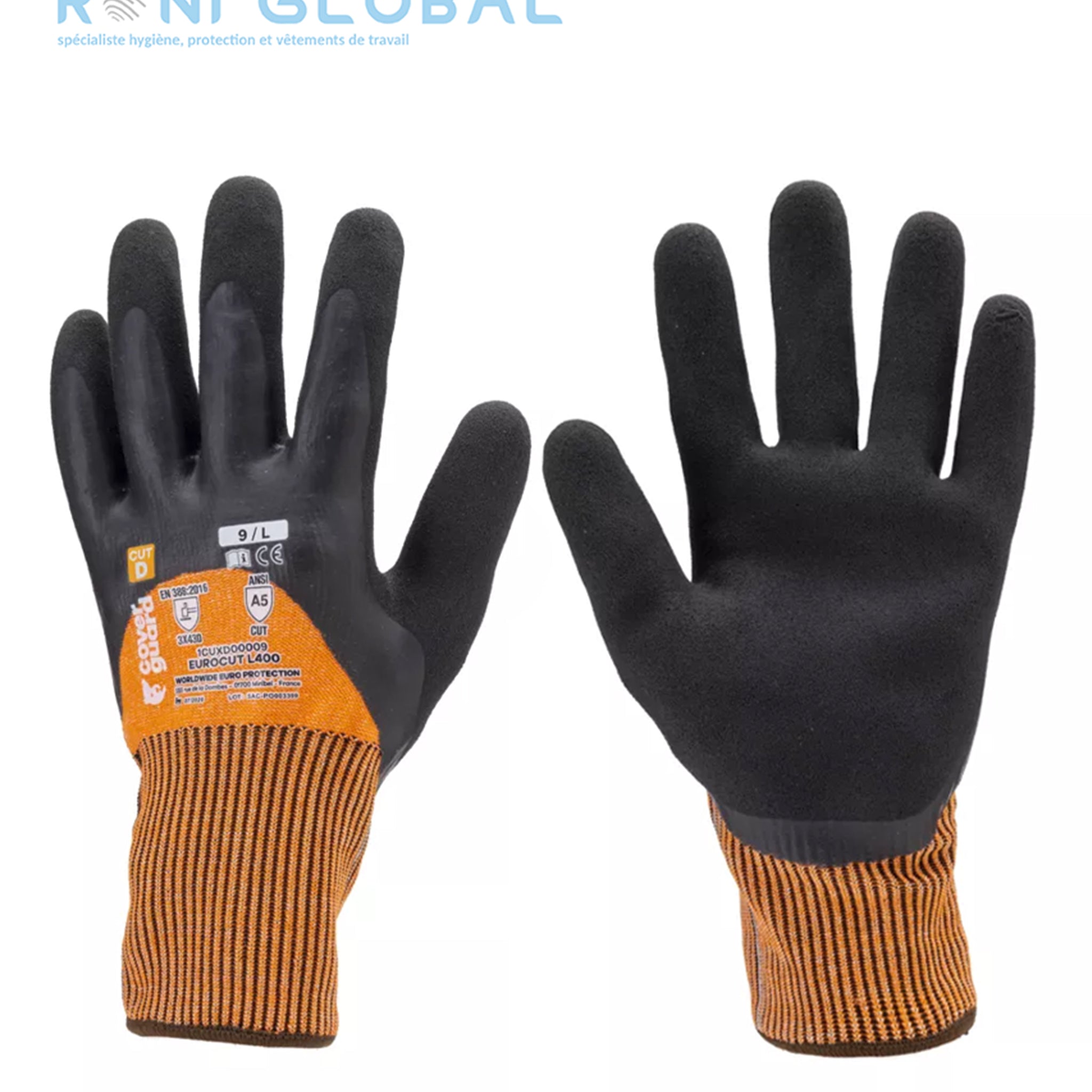 Gant de protection milieu humide en HPPE polyamide élasthanne enduit au latex haute-visibilité anti-coupure et précision CUT D - EUROCUT L400 COVERGUARD (boîte de 5 paires)