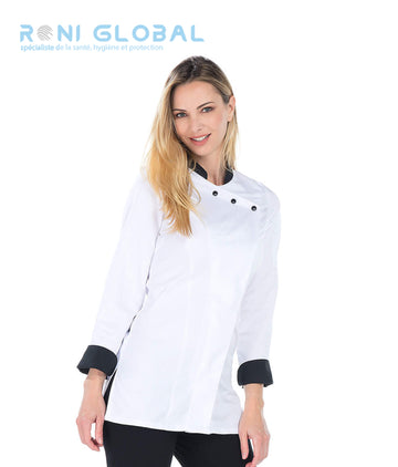 Veste de cuisine blanche femme manches longues en coton/polyester 2 poches - JULIENNE REMI CONFECTION