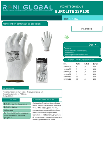 Gant de protection milieu sec en polyester/élasthanne enduit au PU confortable et respirable manutention et précision - EUROLITE 13P100 COVERGUARD (boîte de 10 paires)