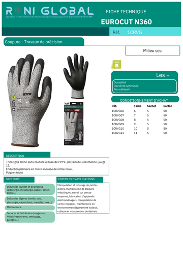 Gant de protection milieu sec en HPPE polyamide/élasthanne enduit au nitrile anti-coupure et précision CUT B - EUROCUT N360 COVERGUARD (boîte de 5 paires)