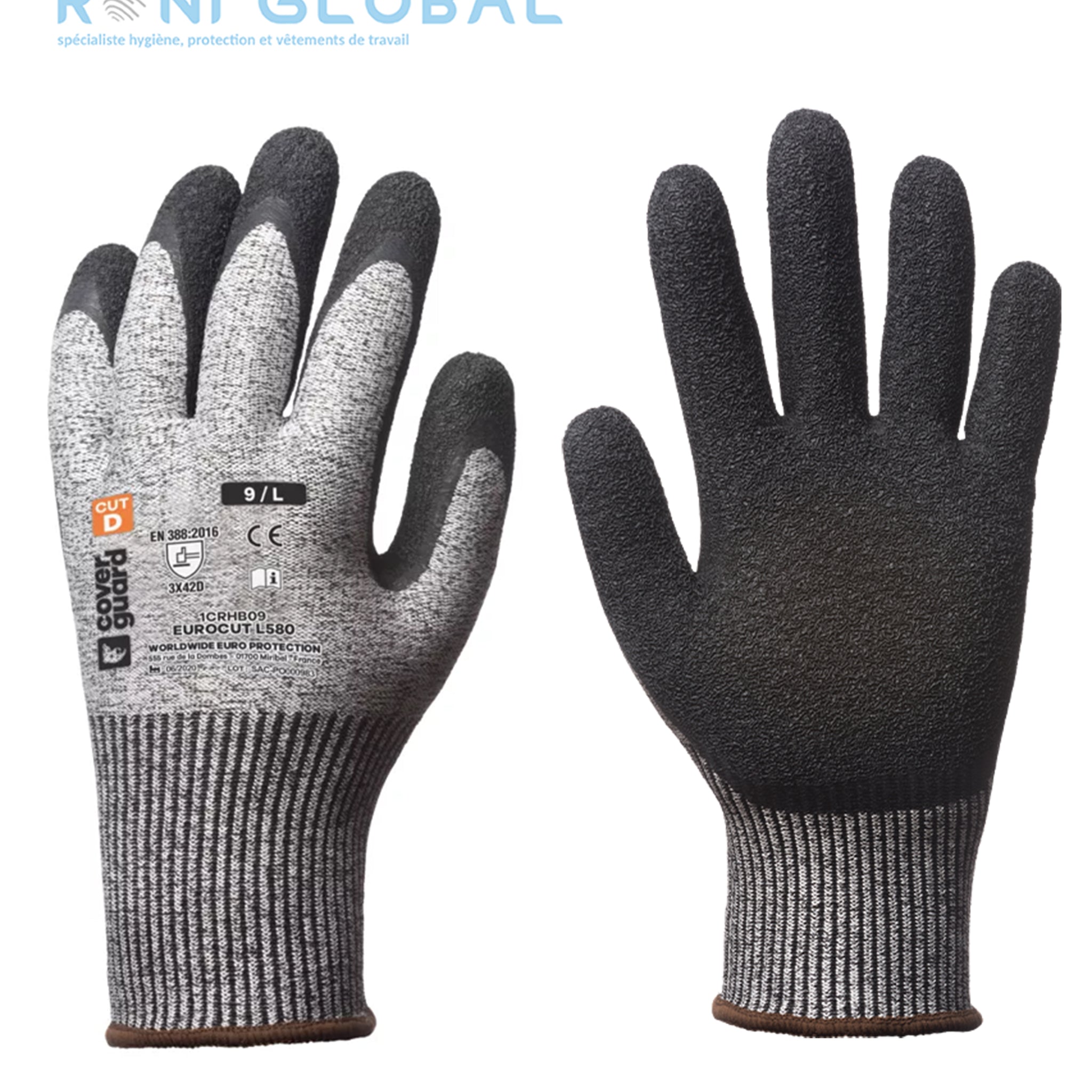 Gant de protection milieu humide en HPPE polyamide élasthanne enduit au latex anti-coupure et précision CUT D - EUROCUT L580 COVERGUARD (boîte de 5 paires)