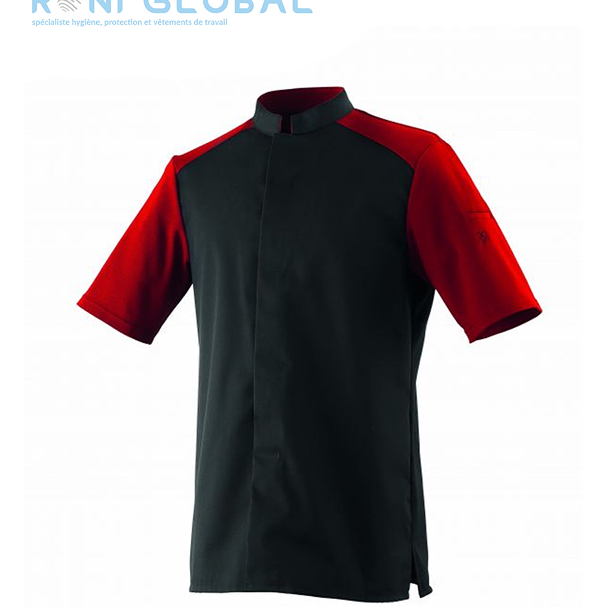 Veste de cuisine noire et cerise unisexe manches courtes/polyester et coton avec maille et col officier - CARNE ROBUR