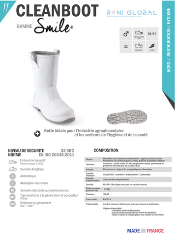 Botte de sécurité blanche homme antidérapant, en microfibre lavable avec embout de sécurité S2 SRC - CLEANBOOT GASTON MILLE