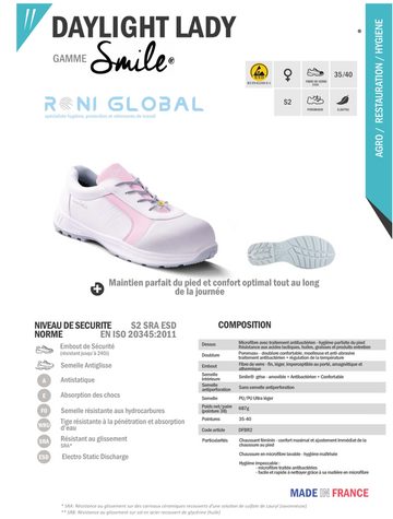 Chaussure basse de sécurité femme antidérapant et antistatique, en microfibre lavable avec embout de sécurité S2 SRA ESD - DAYLIGHT LADY GASTON MILLE