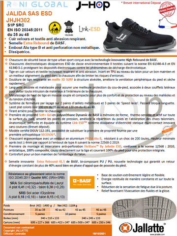 Chaussure basse de sécurité antidérapant et antistatique en cuir/textile avec embout de protection S1P SRC ESD - JALIDA JALLATTE