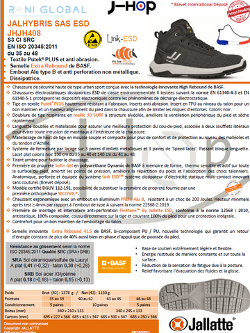Chaussure montante de sécurité antidérapant, antistatique et anti-froid en Putek plus avec embout de sécurité S3 CI SRC ESD - JALHYBRIS JALLATTE