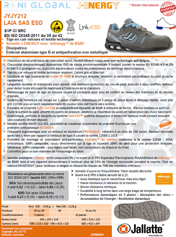 Chaussure basse de sécurité femme antidérapant, antistatique, anti-froid et anti-fatigue en cuir avec embout de sécurité S1P CI SRC ESD - LAIA JALLATTE