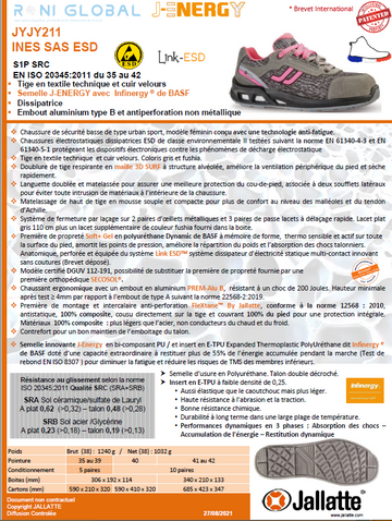 Chaussure basse de sécurité femme, antidérapant, antistatique et anti-fatigue en toile/cuir avec embout de sécurité S1P SRC ESD - INES JALLATTE