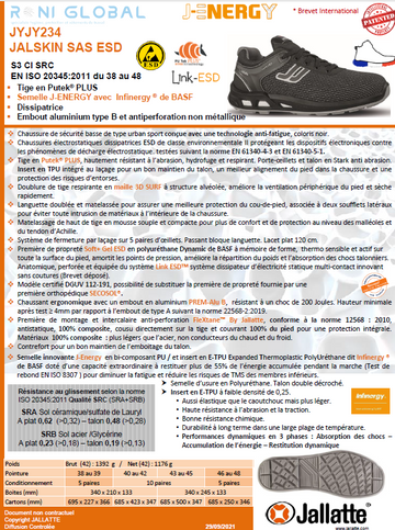 Chaussure basse de sécurité antidérapant, antistatique, anti-froid et anti-fatigue en Putek Plus avec embout de sécurité ESD S3 CI SRC - JALSKIN JALLATTE