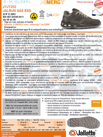 Chaussure basse de sécurité antidérapant, antistatique, anti-froid et anti-fatigue en cuir avec embout de sécurité S1P CI SRC ESD - JALRUN JALLATTE