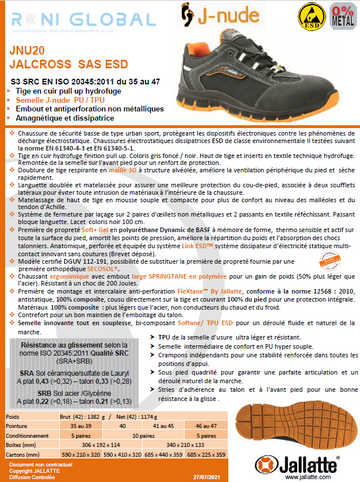 Chaussure basse de sécurité antidérapant et antistatique en cuir sans métal avec embout de sécurité S3 SRC ESD - JALCROSS JALLATTE