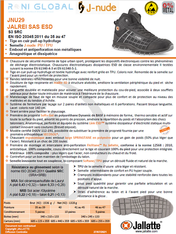 Chaussure montante de sécurité antidérapant et antistatique en cuir/textile sans métal avec embout de sécurité S3 SRC ESD - JALREI JALLATTE