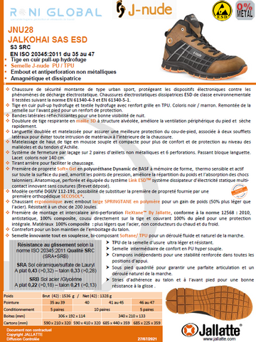 Chaussure montante de sécurité antidérapant et antistatique en cuir sans métal avec embout de sécurité S3 SRC ESD - JALKOHAI JALLATTE