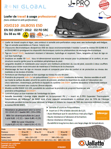 Chaussure basse de sécurité antidérapant, antistatique, résistant hydrocarbures et anti-fatigue en Putek Plus O2 FO SRC ESD - JALBOSS JALLATTE