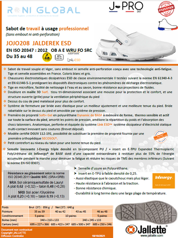 Sabot de travail à bride antidérapant, antistatique, imperméable, résistant hydrocarbures, absorption des chocs et anti-fatigue en microfibre lavable OB A E WRU FO SRC ESD - JALDEREK JALLATTE