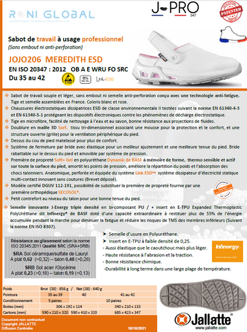 Sabot de travail à bride antidérapant, antistatique, imperméable, résistant hydrocarbures, absorption des chocs et anti-fatigue en microfibre lavable OB A E WRU FO SRC ESD - MEREDITH JALLATTE