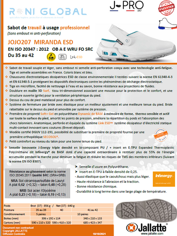 Sabot de travail à bride antidérapant, antistatique, imperméable, résistant hydrocarbures, absorption des chocs et anti-fatigue en microfibre lavable OB A E WRU FO SRC ESD - MIRANDA JALLATTE